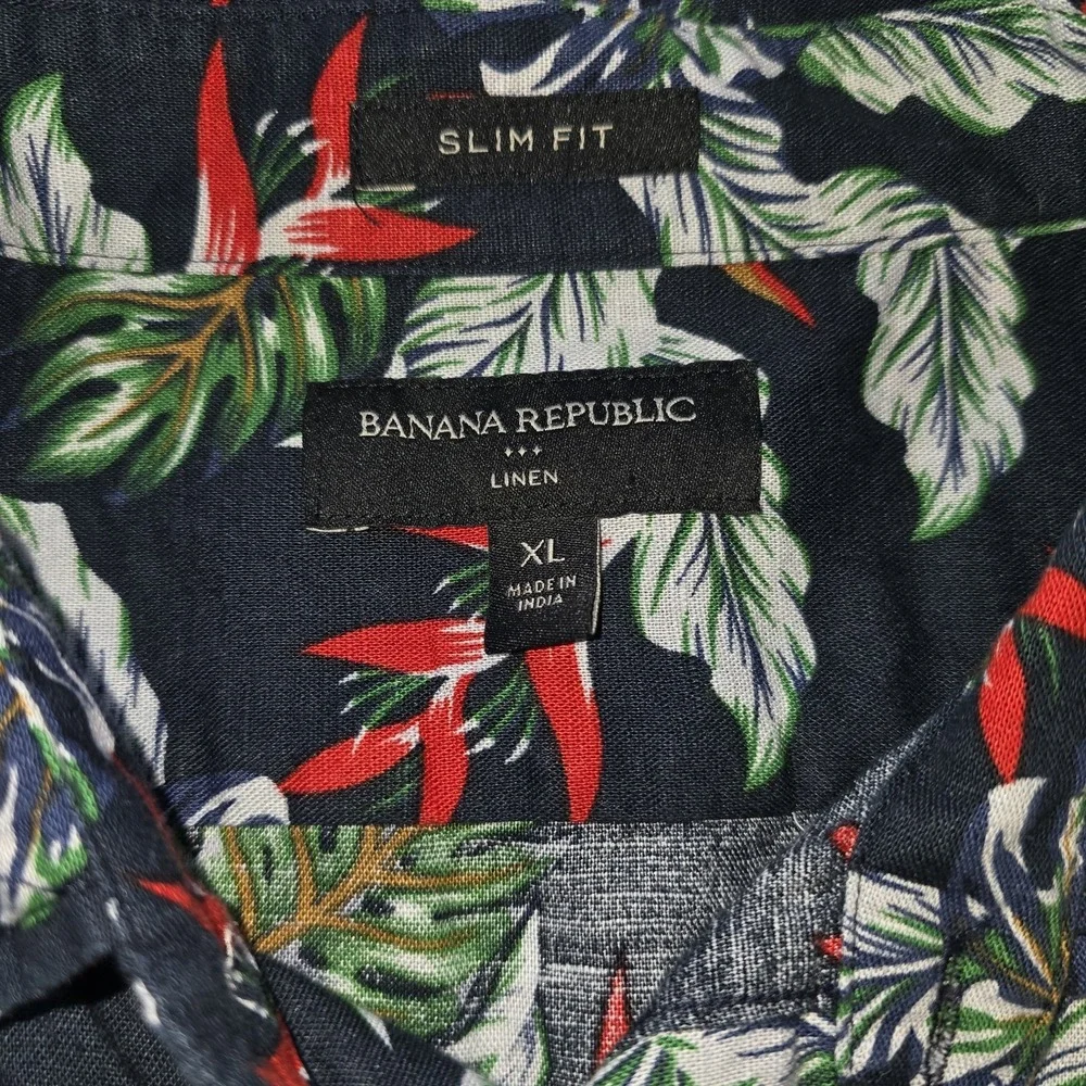 Banana Republic Shirt Mens XL Slim Linen Hawaiian Tropical Bird Of Paradise SS